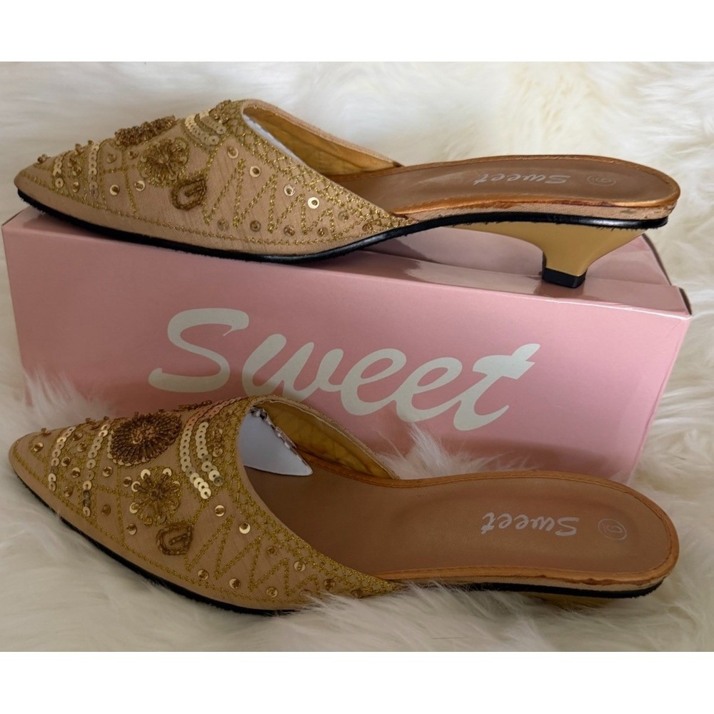 Sweet Women's 9‎ Gold Sequin Beaded Slipper Mules Juttis Mojaris Bridal Festival